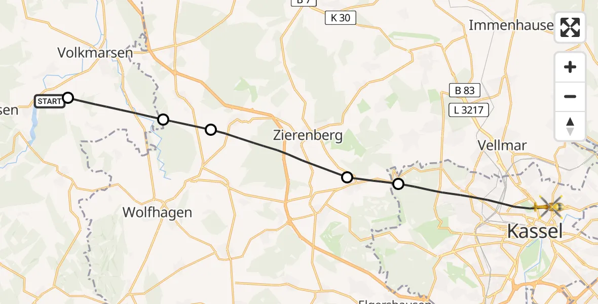 Flugroute Rettungshubschrauber Bad Arolsen - Kassel, 15 Juli 2026, 16:28