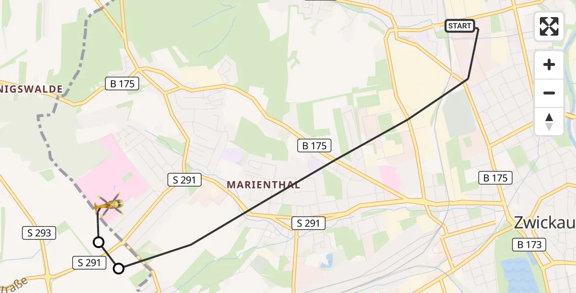 Flugroute Rettungshubschrauber Zwickau - ADAC Air Rescue Station Zwickau Hubschrauberlandeplatz, 15 Juli 2026, 16:33
