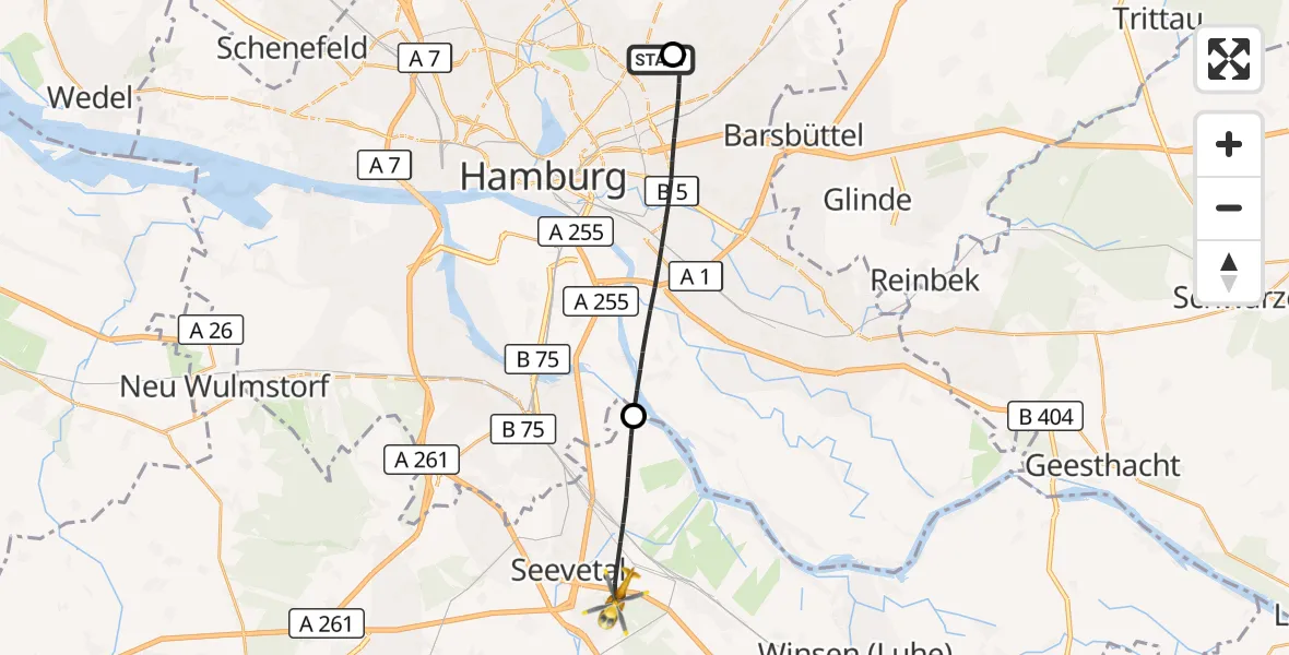 Flugroute Rettungshubschrauber Hamburg Military Hospital - Seevetal, 15 Juli 2026, 16:34