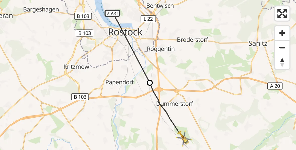 Flugroute Rettungshubschrauber Rostock - Dummerstorf, 15 Juli 2026, 16:36