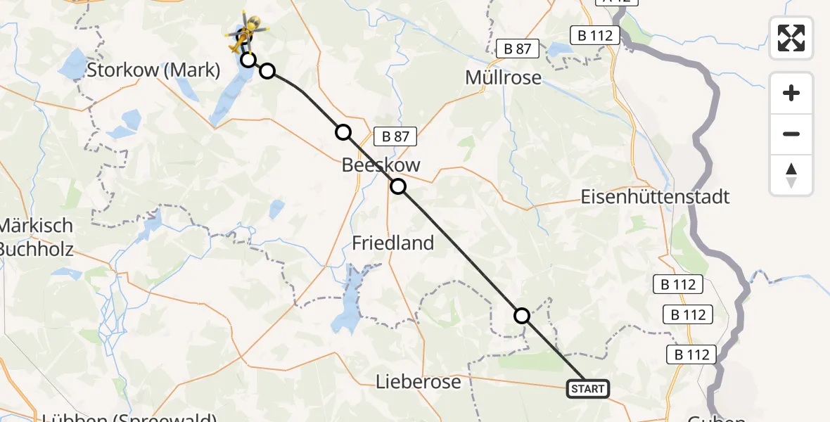 Flugroute Rettungshubschrauber Schenkendöbern - Bad Saarow Hospital Hubschrauberlandeplatz, 15 Juli 2026, 16:49