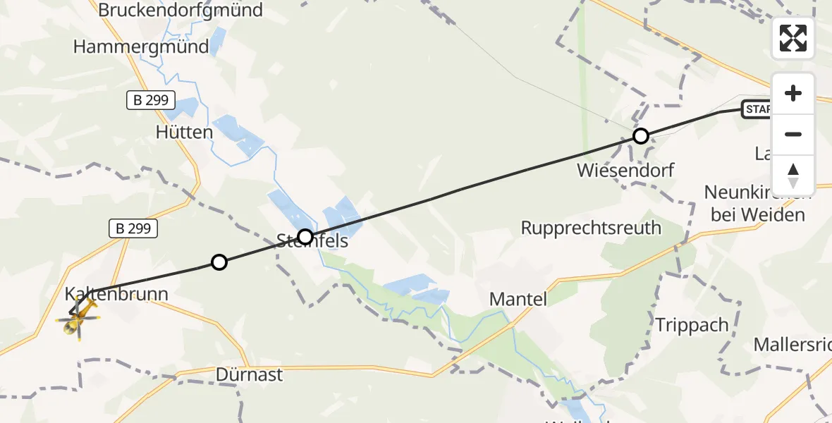 Flugroute Ambulanzhubschrauber Weiden i.d.OPf. - Weiherhammer, 15 Juli 2026, 16:51