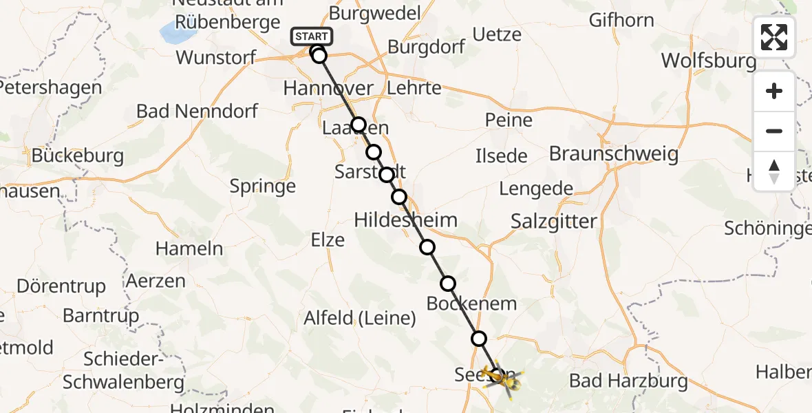 Flugroute Rettungshubschrauber Flughafen Hannover - Harz (Landkreis Goslar), 15 Juli 2026, 16:55