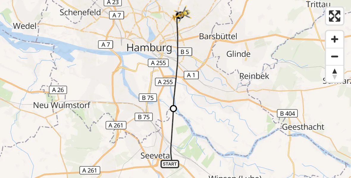 Flugroute Rettungshubschrauber Seevetal - Hamburg Military Hospital, 15 Juli 2026, 17:01