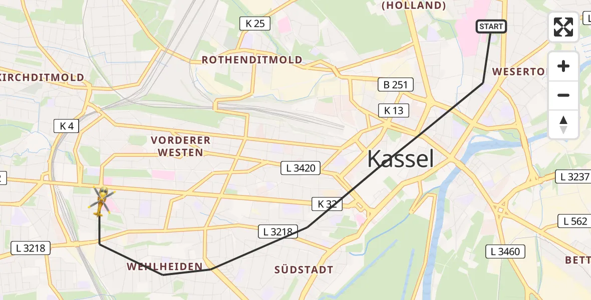 Flugroute Rettungshubschrauber Kassel - Kassel, 15 Juli 2026, 17:02