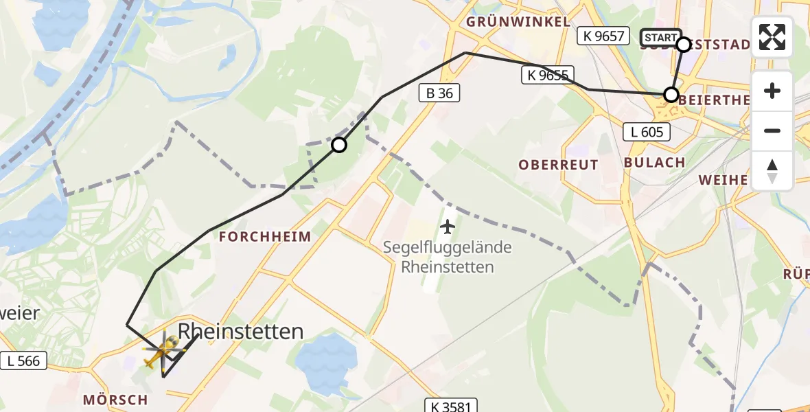 Flugroute Ambulanzhubschrauber Sankt Vincentius Hospital - Rheinstetten, 15 Juli 2026, 17:04