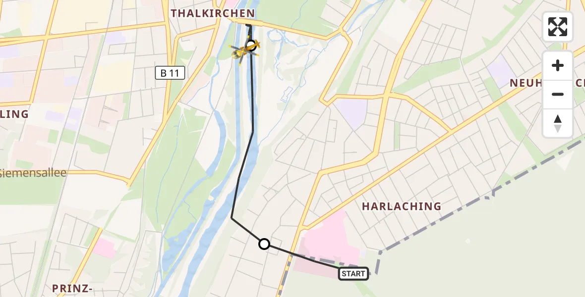 Flugroute Rettungshubschrauber ADAC Air Rescue Center Hubschrauberlandeplatz (Christoph 1) - München South Surgical Hospital Hubschrauberlandeplatz, 15 Juli 2026, 17:07