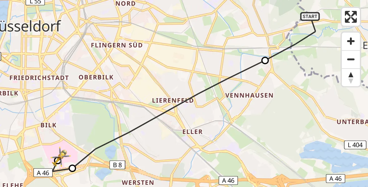 Flugroute Rettungshubschrauber Erkrath - Düsseldorf University Hospital, 15 Juli 2026, 17:07