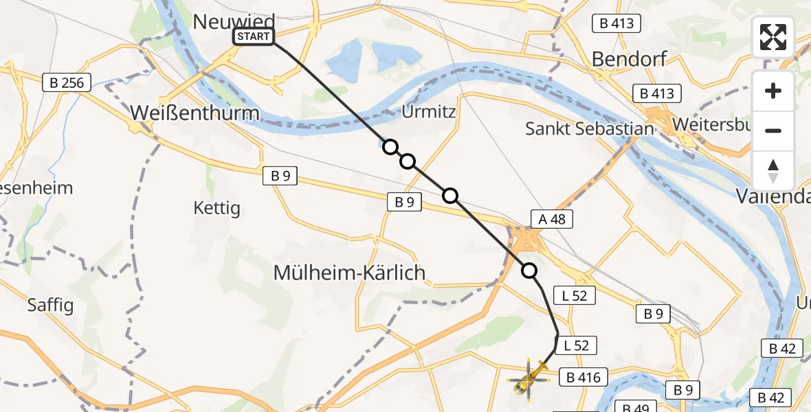 Flugroute Rettungshubschrauber Neuwied - Koblenz, 15 Juli 2026, 17:08