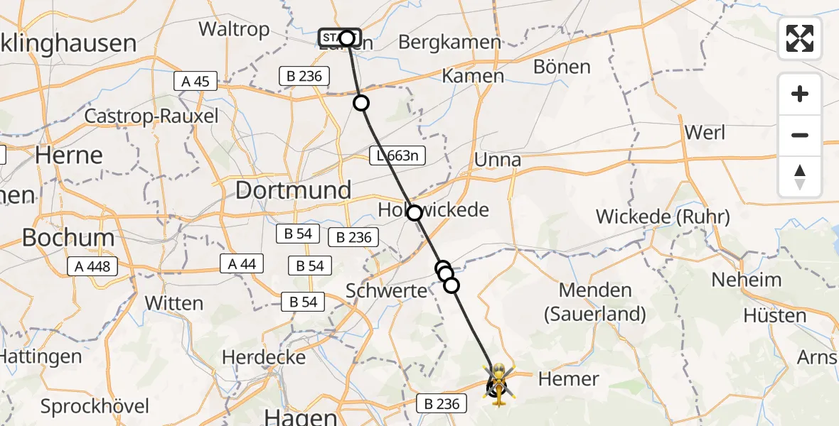 Flugroute Rettungshubschrauber Sankt Marien Hospital - Sankt Elisabeth Hospital Iserlohn, 15 Juli 2026, 17:09