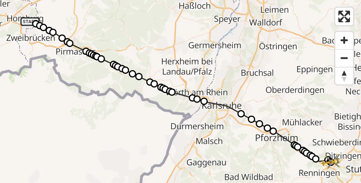 Flugroute Rettungshubschrauber Homburg - Leonberg Hospital, 15 Juli 2026, 17:09