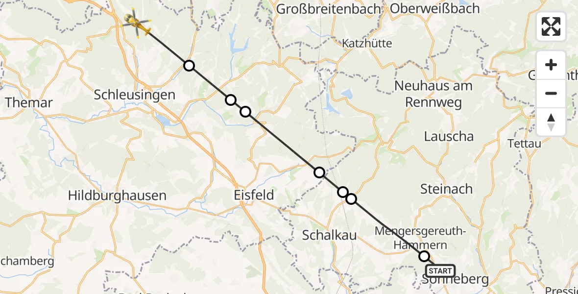 Flugroute Rettungshubschrauber Sonneberg - Schleusingen, 15 Juli 2026, 17:10