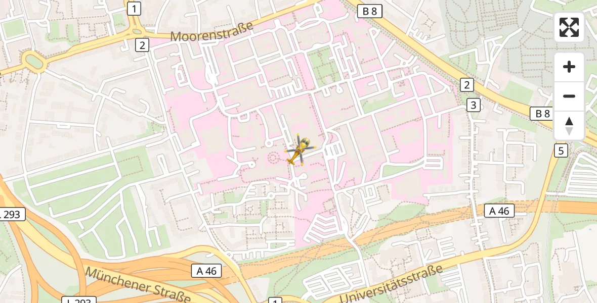 Flugroute Rettungshubschrauber Düsseldorf University Hospital - Düsseldorf University Hospital, 15 Juli 2026, 17:14