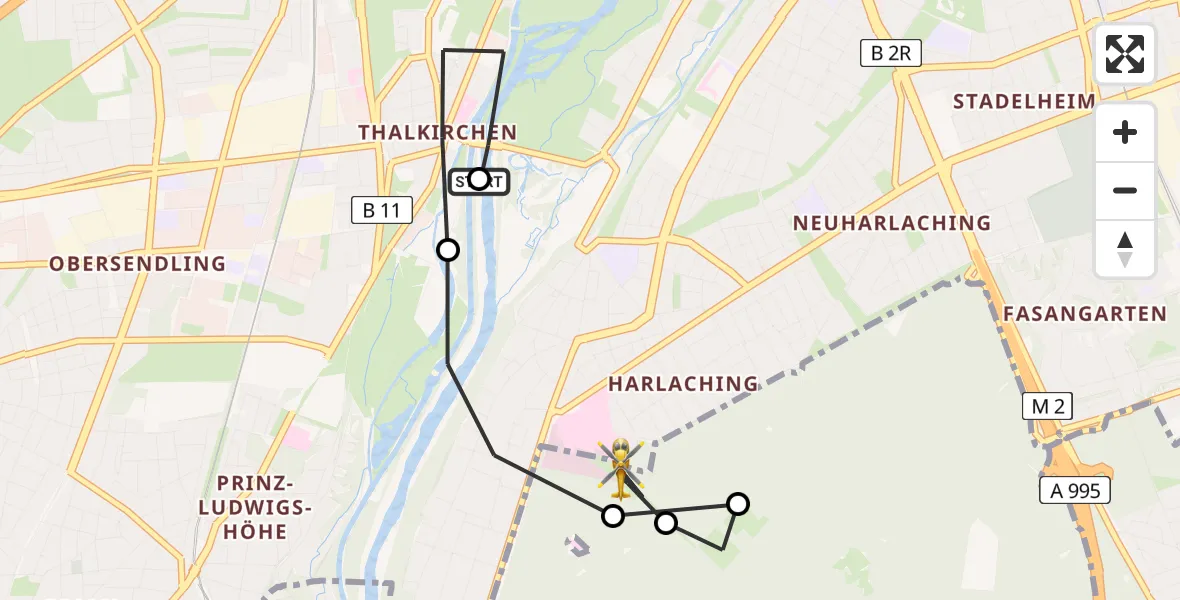 Flugroute Rettungshubschrauber München South Surgical Hospital - ADAC Air Rescue Center Hubschrauberlandeplatz (Christoph 1), 15 Juli 2026, 17:22