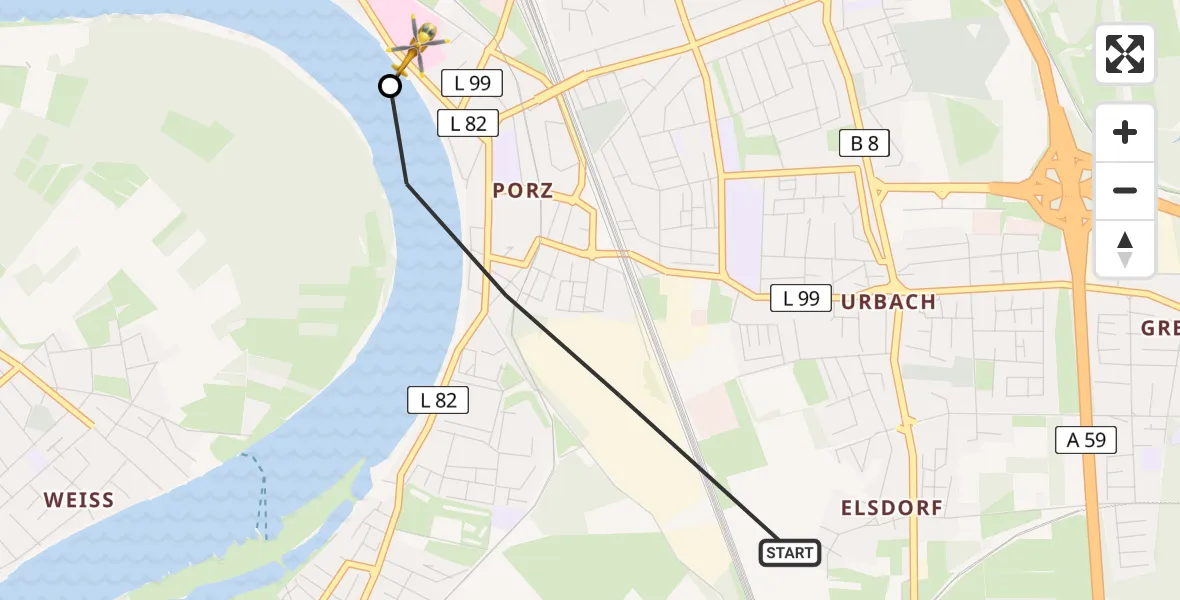 Flugroute Ambulanzhubschrauber Köln - Porz am Rhein Hospital, 15 Juli 2026, 17:27