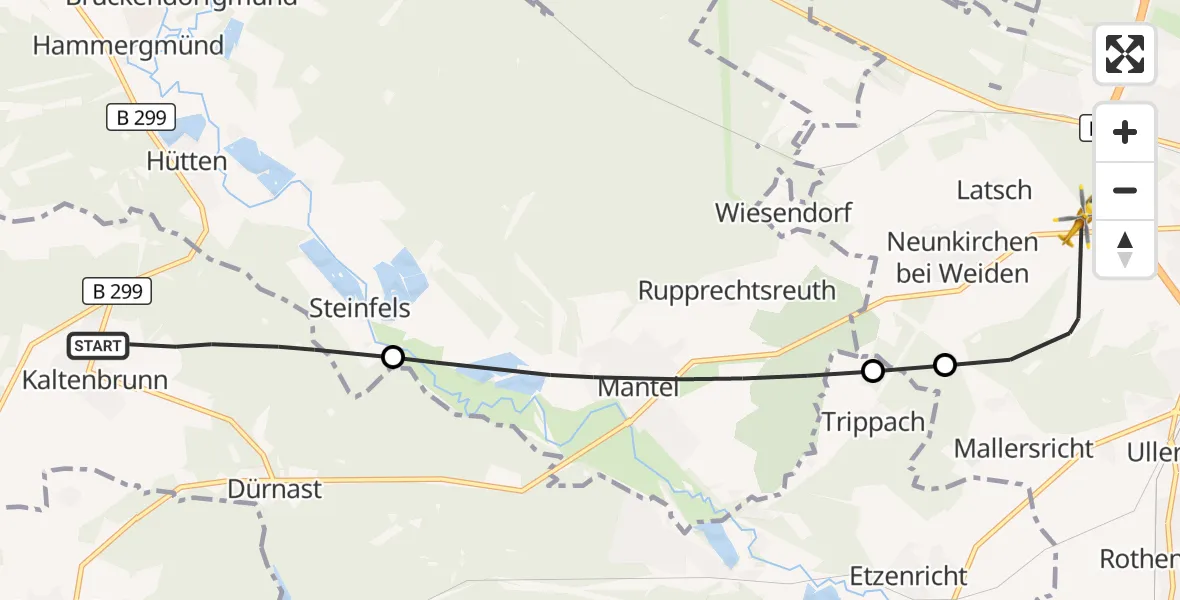 Flugroute Ambulanzhubschrauber Weiherhammer - Weiden i.d.OPf., 15 Juli 2026, 17:29
