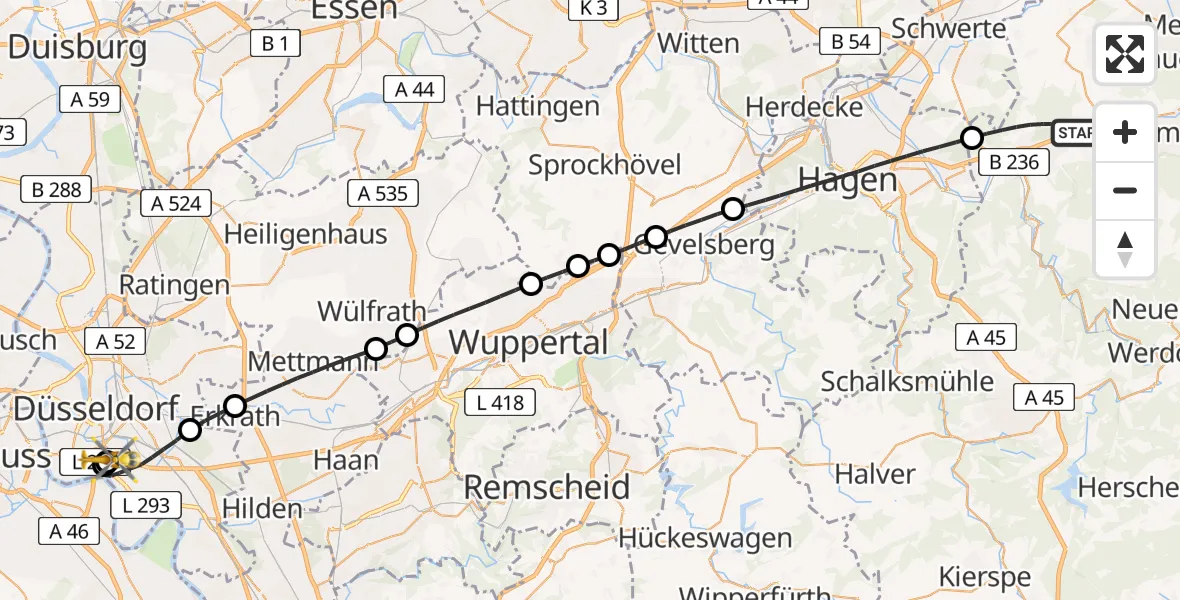 Flugroute Rettungshubschrauber Iserlohn - Düsseldorf University Hospital, 15 Juli 2026, 17:32