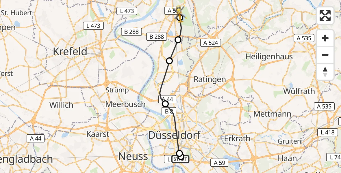 Flugroute Rettungshubschrauber Düsseldorf University Hospital - Duisburg Air Rescue Hubschrauberlandeplatz (Christoph 9), 15 Juli 2026, 17:39