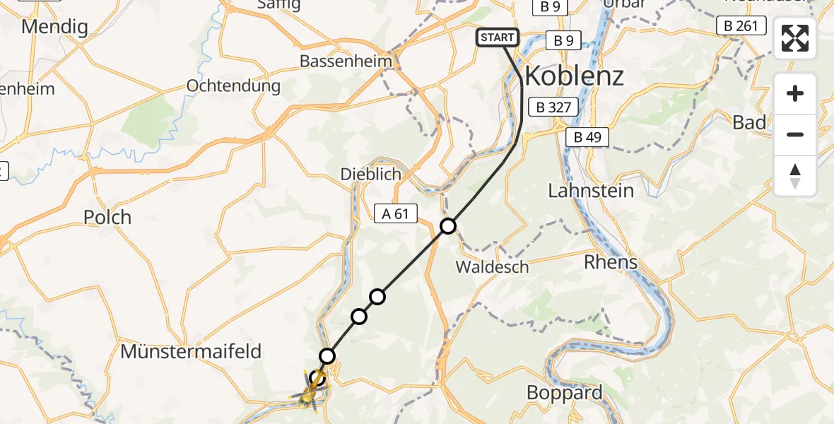 Flugroute Rettungshubschrauber Koblenz - Löf, 15 Juli 2026, 17:42