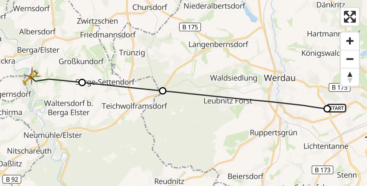 Flugroute Rettungshubschrauber ADAC Air Rescue Station Zwickau Hubschrauberlandeplatz - Berga-Wünschendorf, 15 Juli 2026, 17:44