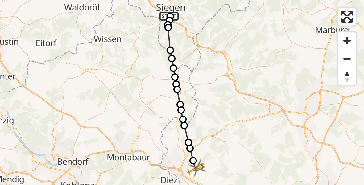 Flugroute Rettungshubschrauber Evangelisches Jung-Stilling Hospital - Runkel, 15 Juli 2026, 17:45