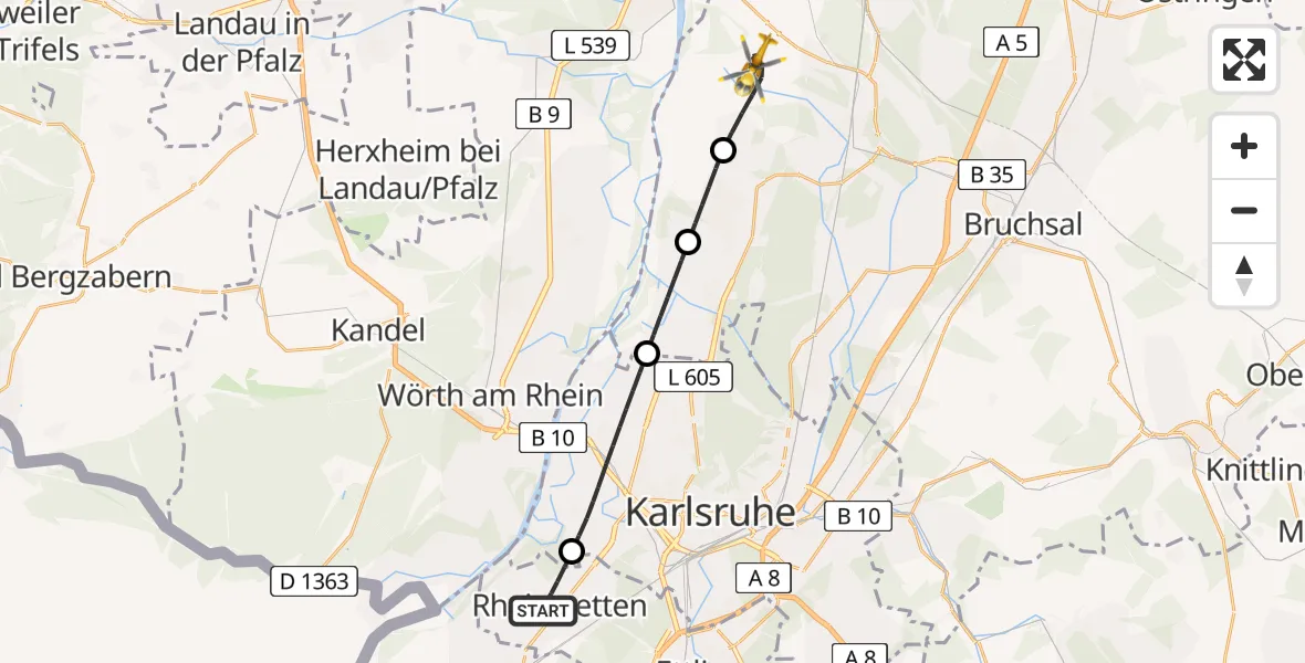 Flugroute Ambulanzhubschrauber Rheinstetten - Dettenheim, 15 Juli 2026, 17:47