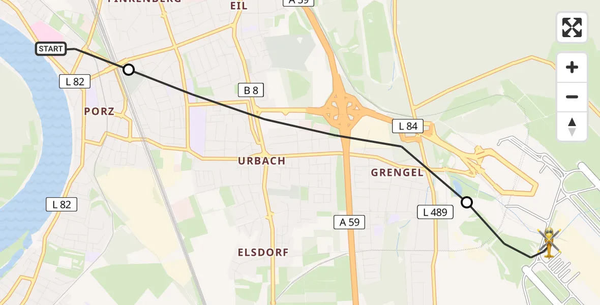 Flugroute Ambulanzhubschrauber Porz am Rhein Hospital - Köln Bonn Flughafen, 15 Juli 2026, 17:47