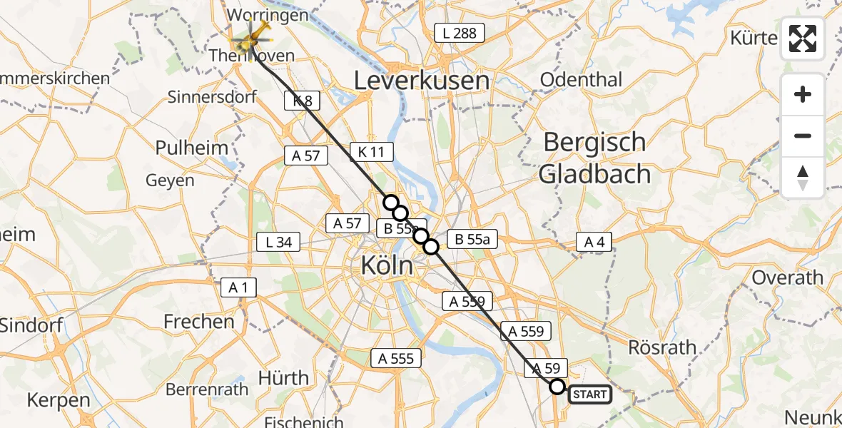 Flugroute Ambulanzhubschrauber Köln Bonn Flughafen - Köln, 15 Juli 2026, 17:55