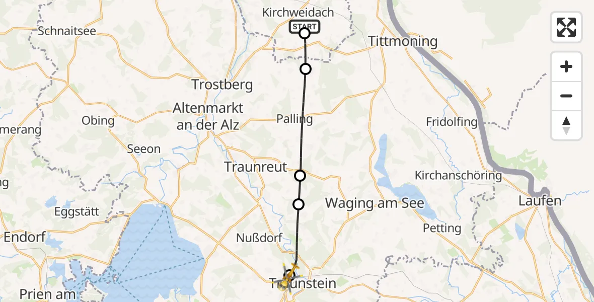 Flugroute Rettungshubschrauber Kirchweidach - Traunstein Hospital, 15 Juli 2026, 17:55