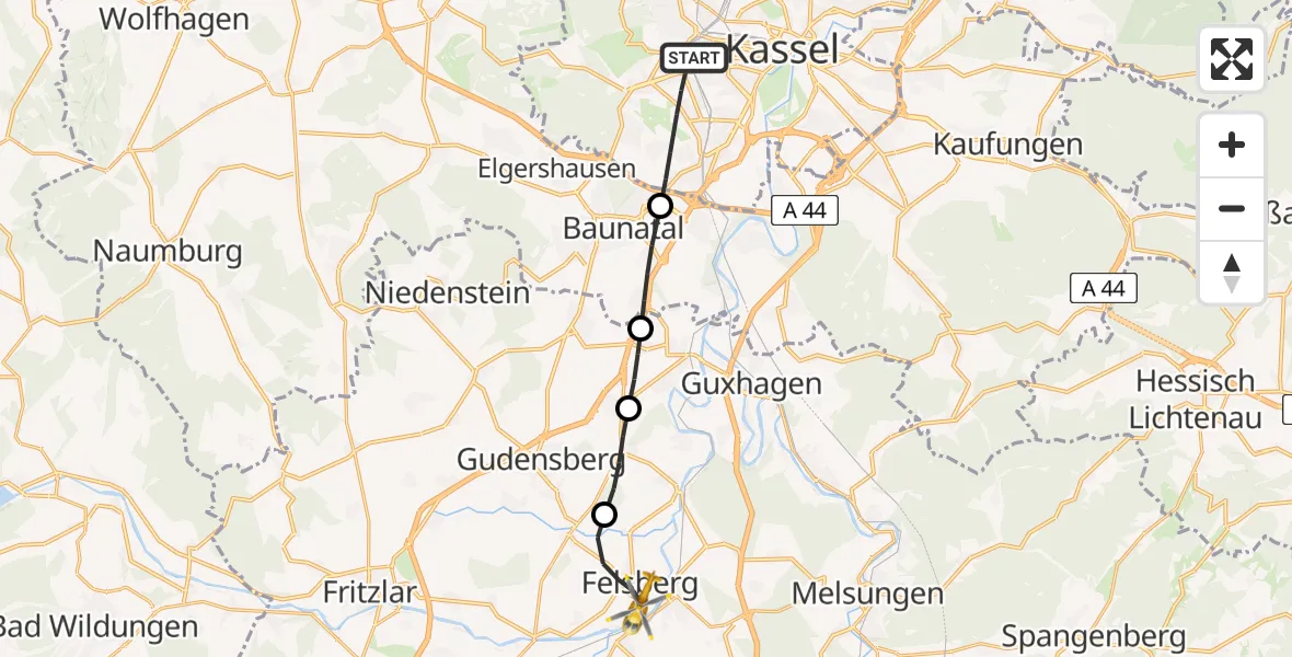 Flugroute Rettungshubschrauber Kassel - Felsberg, 15 Juli 2026, 17:57