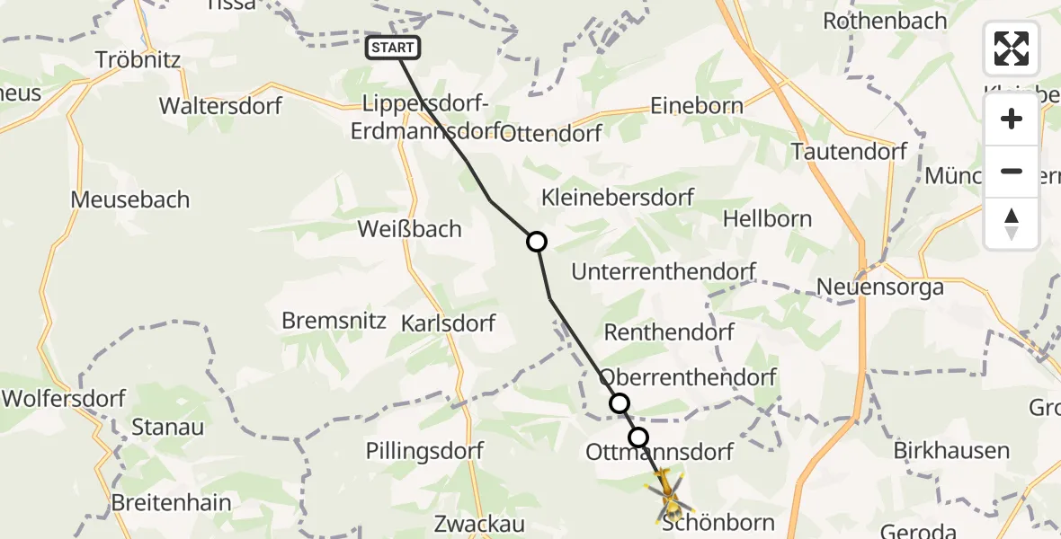 Flugroute Rettungshubschrauber Lippersdorf-Erdmannsdorf - Triptis, 15 Juli 2026, 18:05