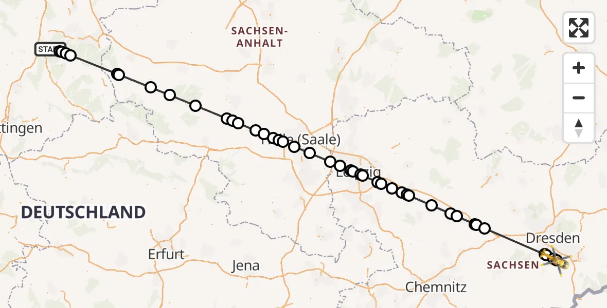Flugroute Rettungshubschrauber Harz (Landkreis Goslar) - Kreischa, 15 Juli 2026, 18:09