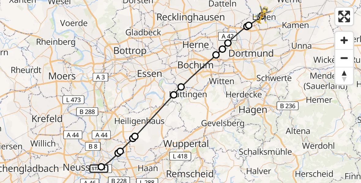 Flugroute Rettungshubschrauber Düsseldorf University Hospital - Sankt Marien Hospital, 15 Juli 2026, 18:10