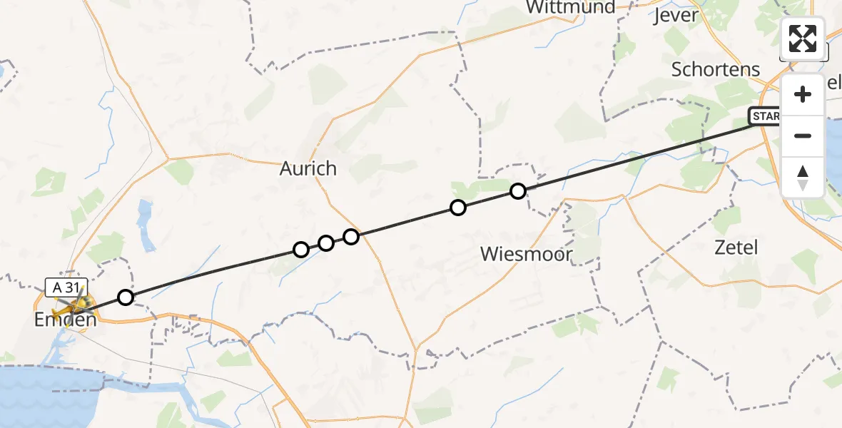 Flugroute Rettungshubschrauber Sande - Emden, 15 Juli 2026, 18:14