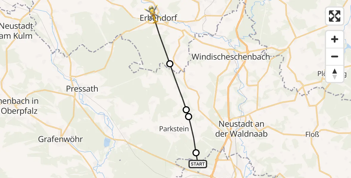 Flugroute Ambulanzhubschrauber Weiden i.d.OPf. - Erbendorf, 15 Juli 2026, 18:20