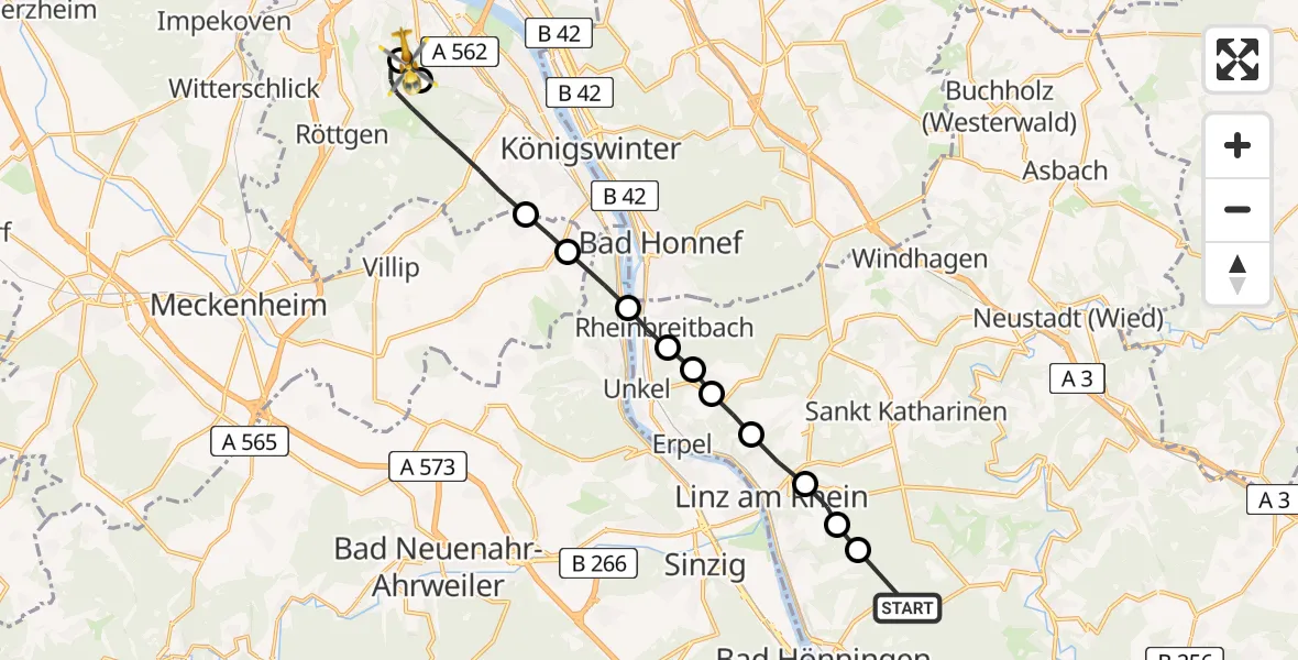 Flugroute Ambulanzhubschrauber Bad Hönningen - Bonn University Hospital, 15 Juli 2026, 18:22