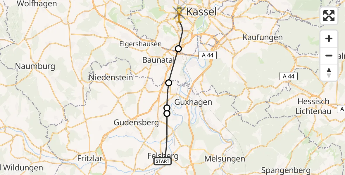Flugroute Rettungshubschrauber Felsberg - Kassel, 15 Juli 2026, 18:27