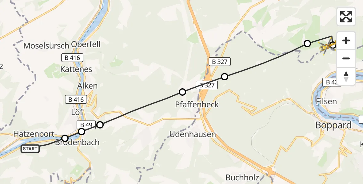 Flugroute Rettungshubschrauber Brodenbach - Brey, 15 Juli 2026, 18:30