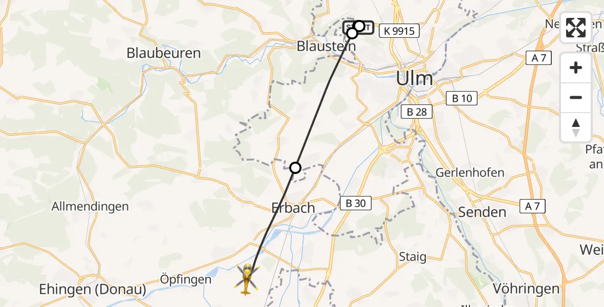 Flugroute Rettungshubschrauber Ulm Military Hospital Emergency - Erbach, 15 Juli 2026, 18:31