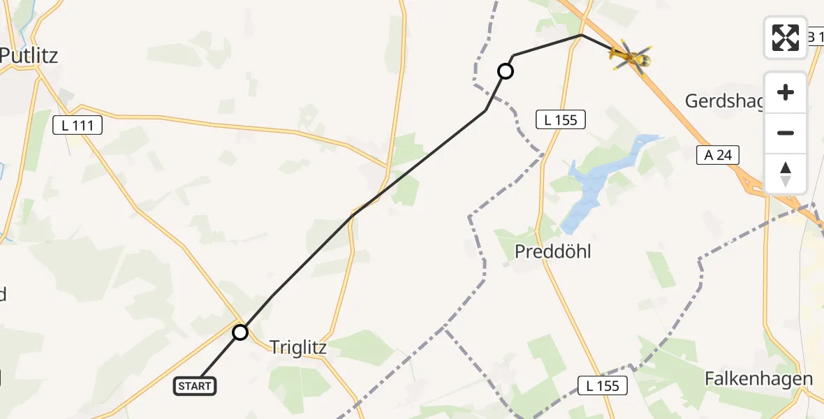 Flugroute Rettungshubschrauber Putlitz - Kümmernitztal, 15 Juli 2026, 18:33