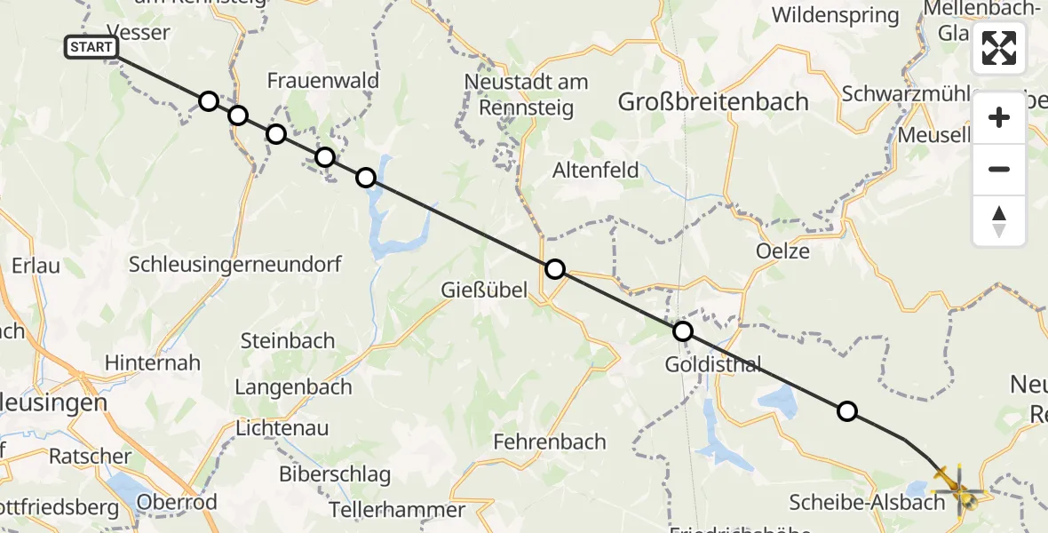 Flugroute Rettungshubschrauber Suhl - Neuhaus am Rennweg, 15 Juli 2026, 18:35