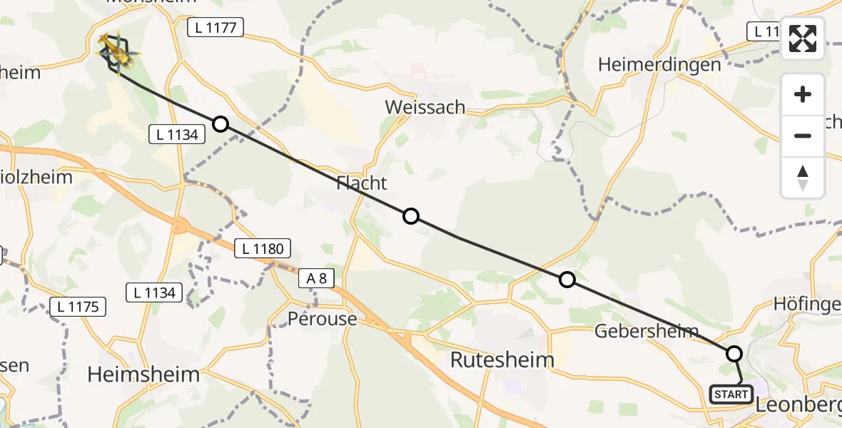 Flugroute Rettungshubschrauber Leonberg Hospital - Mönsheim, 15 Juli 2026, 18:35