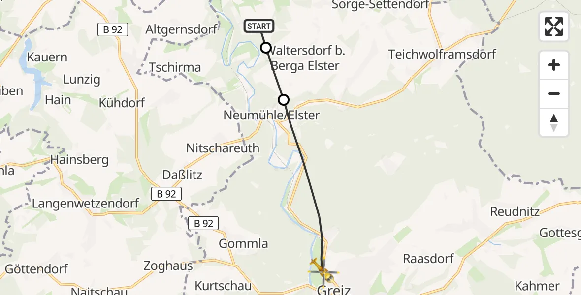 Flugroute Rettungshubschrauber Berga-Wünschendorf - Greiz, 15 Juli 2026, 18:36