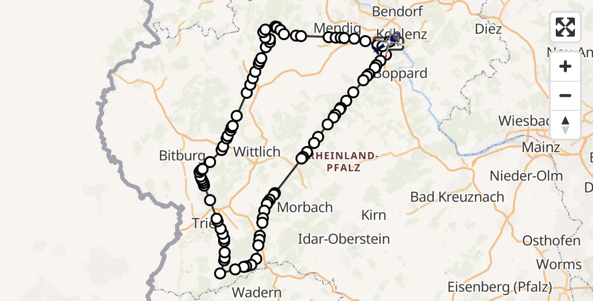 Flugroute Polizeihubschrauber Koblenz-Winningen Flugplatz - Winningen, 15 Juli 2026, 18:38