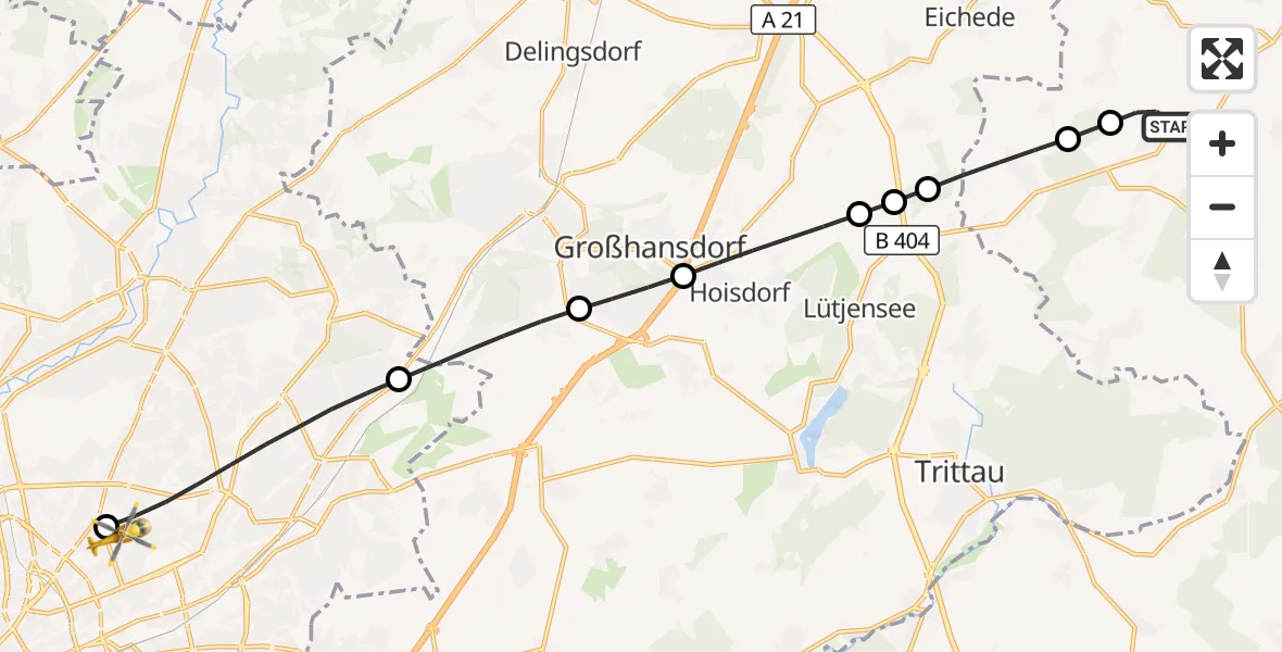 Flugroute Rettungshubschrauber Sandesneben - Hamburg Military Hospital, 15 Juli 2026, 18:42