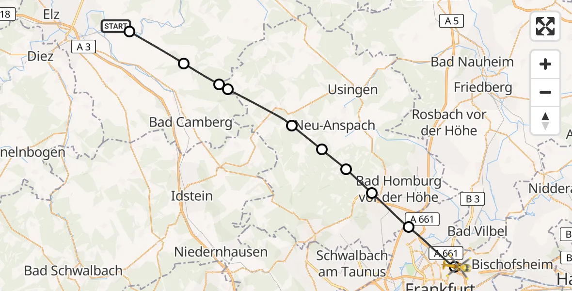 Flugroute Rettungshubschrauber Runkel - Frankfurt am Main Accident Hospital Roof, 15 Juli 2026, 18:43
