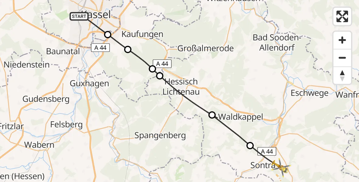 Flugroute Rettungshubschrauber Kassel - Sontra, 15 Juli 2026, 18:50