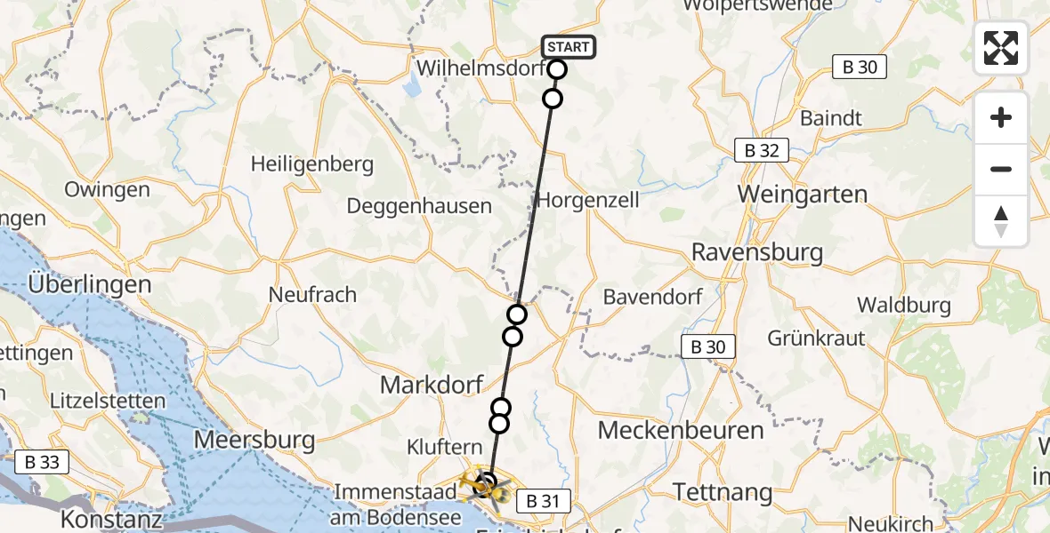 Flugroute Rettungshubschrauber Fleischwangen - Friedrichshafen Hospital, 15 Juli 2026, 18:54