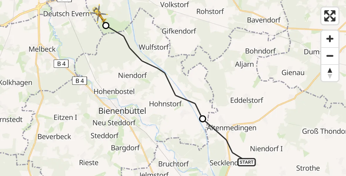 Flugroute Rettungshubschrauber Altenmedingen - Wendisch Evern, 15 Juli 2026, 19:05