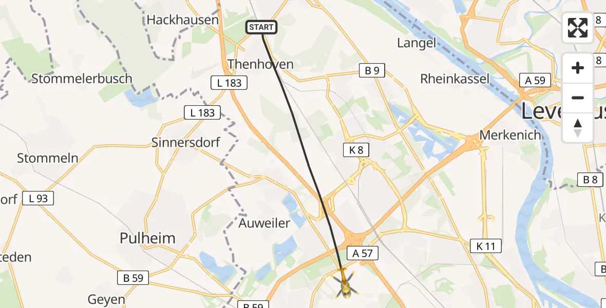 Flugroute Ambulanzhubschrauber Köln - Köln Butzweilerhof Flughafen, 15 Juli 2026, 19:06